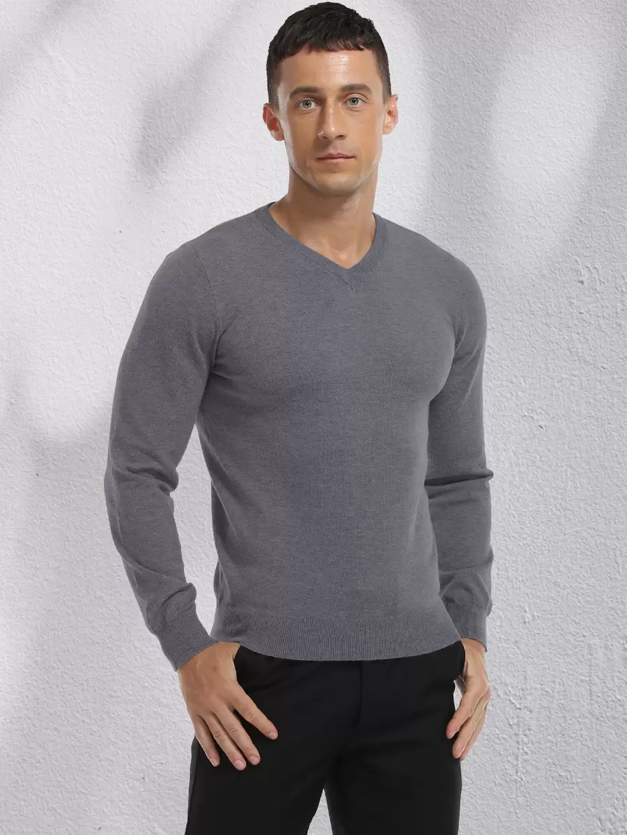 Men Solid V Neck Jumper - Dark Grey - View 1