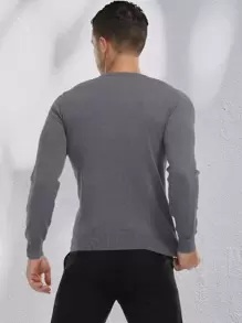 Men Solid V Neck Jumper - Dark Grey - View 2