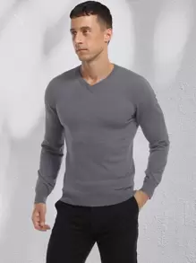Men Solid V Neck Jumper - Dark Grey - View 3