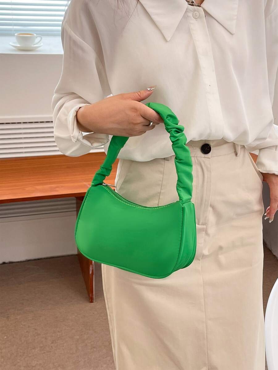 优雅面料时尚褶皱肩带单肩包轻巧简约腋下包手提包适合办公室女士中年和年轻女性旅行外出购物百搭 - 綠色 - 查看 1