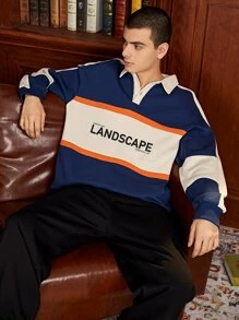 Men Letter Graphic Colorblock Drop Shoulder Pullover - Blue and White - View 1