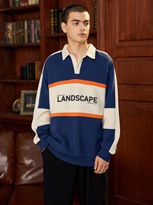 Men Letter Graphic Colorblock Drop Shoulder Pullover - Blue and White - View 4