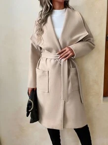 SHEIN Privé Abrigo de cuello cascada con doble bolsillo con cinturón - Caqui - Ver 1