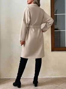 SHEIN Privé Abrigo de cuello cascada con doble bolsillo con cinturón - Caqui - Ver 2