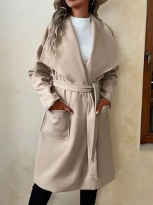 SHEIN Privé Abrigo de cuello cascada con doble bolsillo con cinturón - Caqui - Ver 4
