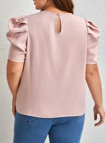 SHEIN Clasi Áo sơ mi Plus Size cườm đính Nút Cắt ra Ngọc trai màu trơn Thanh lịch - Màu Hồng baby - Xem 2