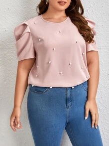 SHEIN Clasi Áo sơ mi Plus Size cườm đính Nút Cắt ra Ngọc trai màu trơn Thanh lịch - Màu Hồng baby - Xem 3