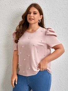 SHEIN Clasi Áo sơ mi Plus Size cườm đính Nút Cắt ra Ngọc trai màu trơn Thanh lịch - Màu Hồng baby - Xem 4