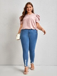 SHEIN Clasi Áo sơ mi Plus Size cườm đính Nút Cắt ra Ngọc trai màu trơn Thanh lịch - Màu Hồng baby - Xem 5
