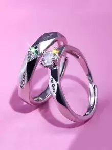 HOTNICE 時尚流行男士合金2入組情侶字母細節方晶鋯石裝飾戒指適合珠寶禮物和時尚外觀 - 銀色 - 查看 1