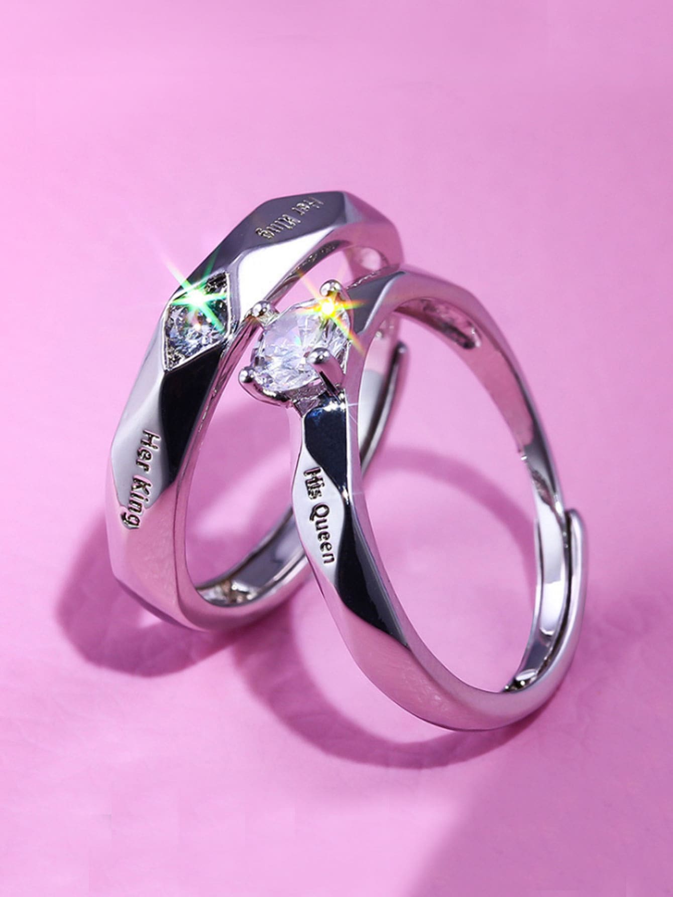 HOTNICE 時尚流行男士合金2入組情侶字母細節方晶鋯石裝飾戒指適合珠寶禮物和時尚外觀 - 銀色 - 查看 1