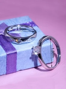 HOTNICE 時尚流行男士合金2入組情侶字母細節方晶鋯石裝飾戒指適合珠寶禮物和時尚外觀 - 銀色 - 查看 3