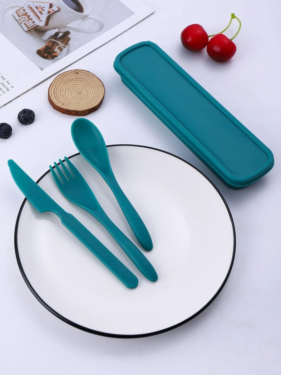 3pcs Stainless Steel Cutlery Set & 1pc Storage Box - Green - View 1