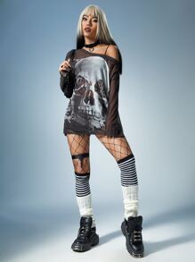 ROMWE PUNK 1pc Skull Print Mesh Top - Black and White - View 4