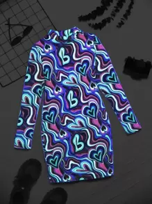 SHEIN Girls Reflective Marble & Heart Print Mock Neck Dress - Multicolor - View 1