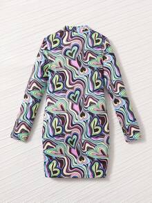 SHEIN Girls Reflective Marble & Heart Print Mock Neck Dress - Multicolor - View 2