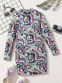 SHEIN Girls Reflective Marble & Heart Print Mock Neck Dress - Multicolor - View 3