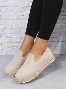 Suedette Slip-On Espadrille Flats - Beige - View 4