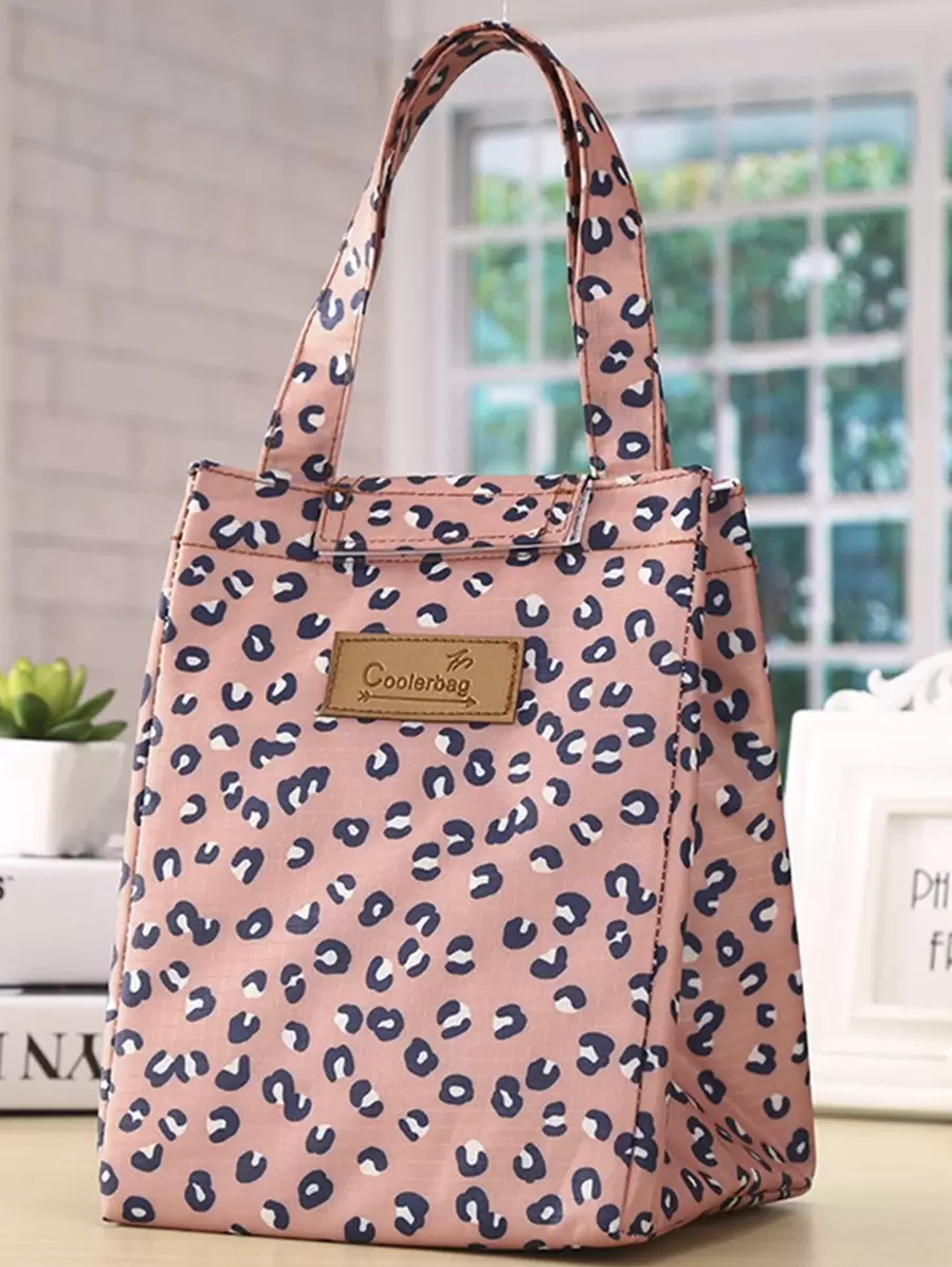 1pc Leopard Print Letter Patch Decor Lunch Bag, Portable Fabric Insulated Lunch Box Storage Bag, For Outdoor Picnic, Summer Outdoor Bags For Food, Picnic Camping Bags,Back To School - Pink - View 1