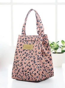 1pc Leopard Print Letter Patch Decor Lunch Bag, Portable Fabric Insulated Lunch Box Storage Bag, For Outdoor Picnic, Summer Outdoor Bags For Food, Picnic Camping Bags,Back To School - Pink - View 2