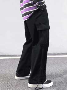 Manfinity Hypemode 男士側翻蓋口袋腰部抽繩工裝褲 - 黑色 - 查看 2