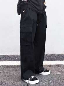 Manfinity Hypemode 男士側翻蓋口袋腰部抽繩工裝褲 - 黑色 - 查看 7