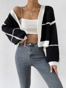 SHEIN Unity Áo khoác cardigan tay dài tua rua viền đèn lồng tương phản, áo dài tay - Đen và trắng - Xem 1