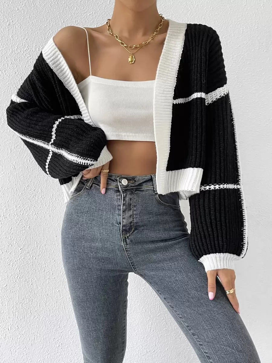 SHEIN Unity Áo khoác cardigan tay dài tua rua viền đèn lồng tương phản, áo dài tay - Đen và trắng - Xem 1