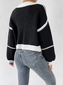 SHEIN Unity Áo khoác cardigan tay dài tua rua viền đèn lồng tương phản, áo dài tay - Đen và trắng - Xem 2