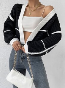 SHEIN Unity Áo khoác cardigan tay dài tua rua viền đèn lồng tương phản, áo dài tay - Đen và trắng - Xem 3