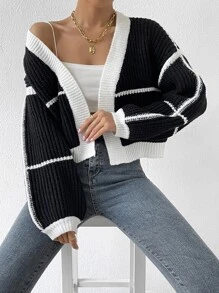 SHEIN Unity Áo khoác cardigan tay dài tua rua viền đèn lồng tương phản, áo dài tay - Đen và trắng - Xem 5