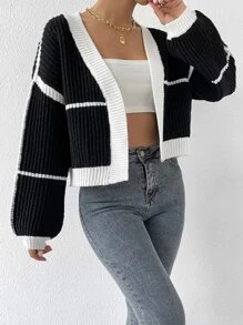 SHEIN Unity Áo khoác cardigan tay dài tua rua viền đèn lồng tương phản, áo dài tay - Đen và trắng - Xem 6