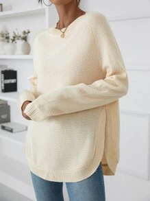 SHEIN LUNE Raglan Sleeve Curved Hem Sweater Knit Pullover Fall Winter - Apricot - View 3