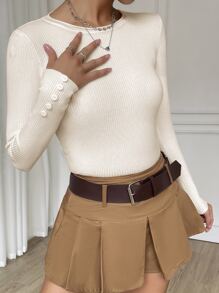 Muchica Áo len nữ Nút Gân đan màu trơn Giải trí - Màu be - Xem 3