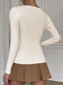 Muchica Áo len nữ Nút Gân đan màu trơn Giải trí - Màu be - Xem 2