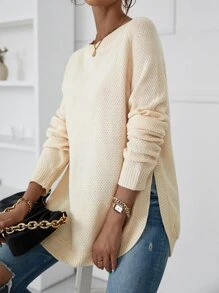 SHEIN LUNE Raglan Sleeve Curved Hem Sweater Knit Pullover Fall Winter - Apricot - View 4