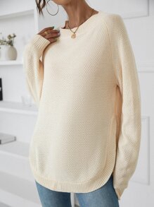 SHEIN LUNE Raglan Sleeve Curved Hem Sweater Knit Pullover Fall Winter - Apricot - View 5