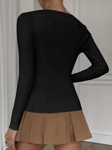 Muchica Áo len nữ Gân đan màu trơn Giải trí - màu đen - Xem 2