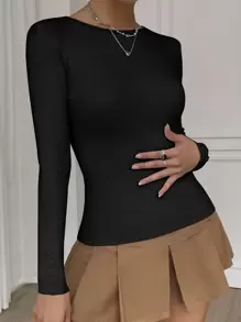 Muchica Áo len nữ Gân đan màu trơn Giải trí - màu đen - Xem 3
