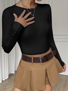 Muchica Áo len nữ Gân đan màu trơn Giải trí - màu đen - Xem 4