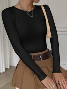 Muchica Áo len nữ Gân đan màu trơn Giải trí - màu đen - Xem 5
