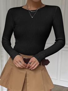 Muchica Áo len nữ Gân đan màu trơn Giải trí - màu đen - Xem 6