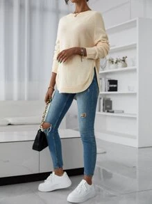 SHEIN LUNE Raglan Sleeve Curved Hem Sweater Knit Pullover Fall Winter - Apricot - View 6