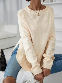 SHEIN LUNE Raglan Sleeve Curved Hem Sweater Knit Pullover Fall Winter - Apricot - View 7