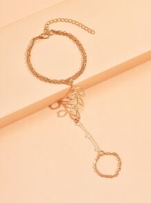 樹葉和珠子裝飾連指手鏈 - 金黃色 - 查看 2