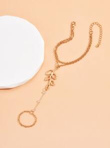 樹葉和珠子裝飾連指手鏈 - 金黃色 - 查看 5