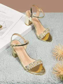 SheIn Belle Phụ Nữ Kim Cương Giả Trang Trí Chunky Gót Dây Đeo Mắt Cá Chân Xăng Đan, Tiệc Quyến Rũ Gót - Vàng - Xem 1