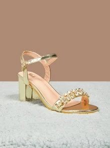 SheIn Belle Phụ Nữ Kim Cương Giả Trang Trí Chunky Gót Dây Đeo Mắt Cá Chân Xăng Đan, Tiệc Quyến Rũ Gót - Vàng - Xem 3