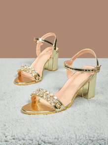 SheIn Belle Phụ Nữ Kim Cương Giả Trang Trí Chunky Gót Dây Đeo Mắt Cá Chân Xăng Đan, Tiệc Quyến Rũ Gót - Vàng - Xem 2