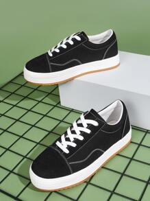 Stitch Detail Lace-up Front Canvas Shoes - Black - View 1